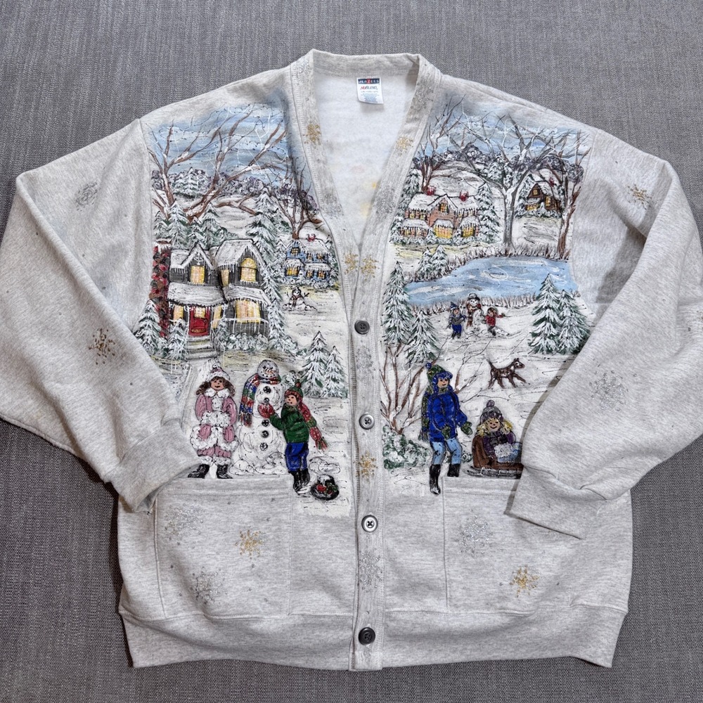 Jerzees NuBlend Hand Painted Winter Village Cardigan Sweatshirt XL Gray Lisa